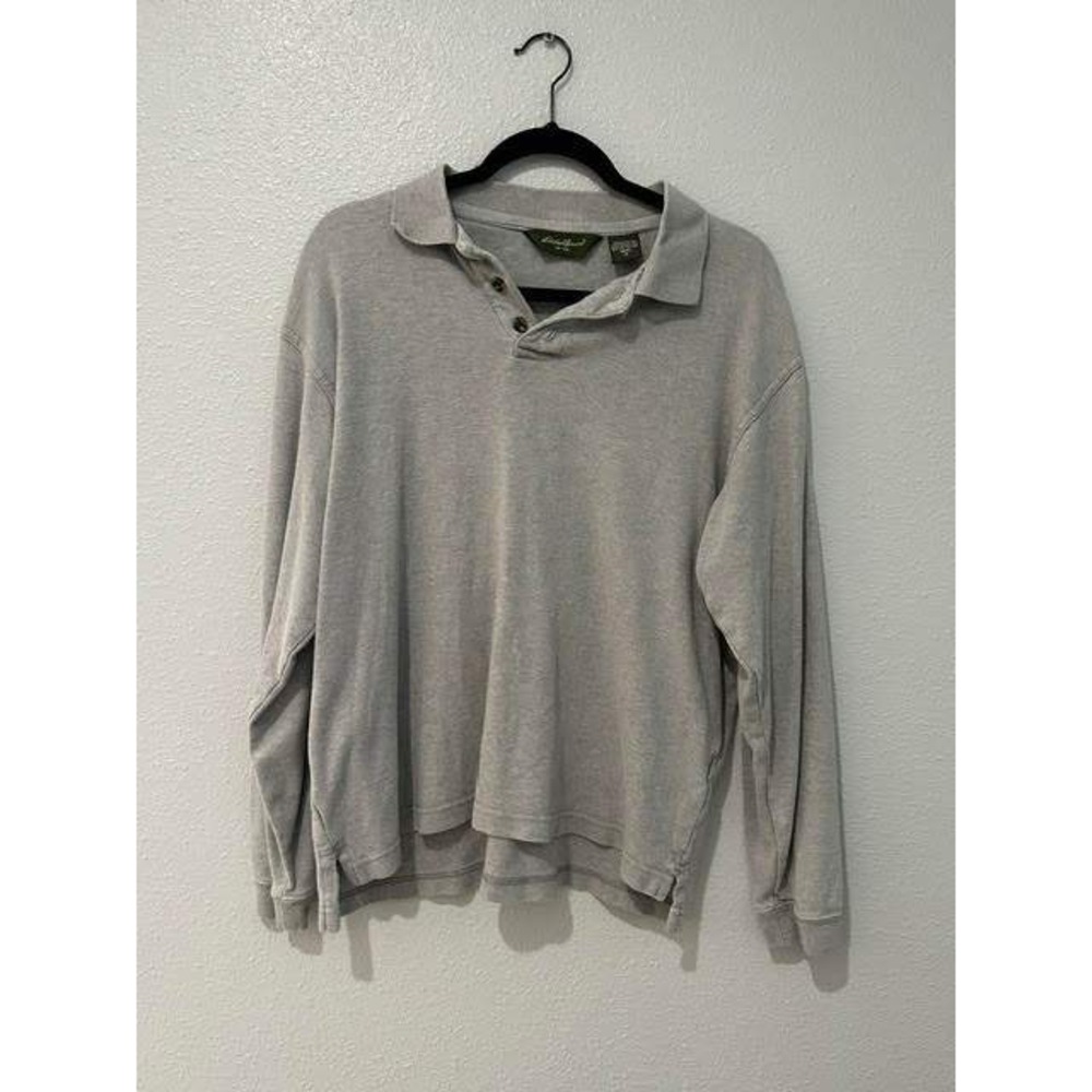 Eddie Bauer Mens Long Sleeve Polo Shirt Gray 100% Cotton Jersey M